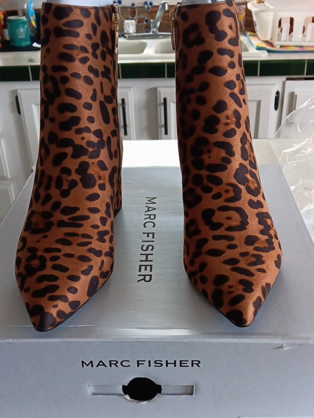 Marc Fisher Leopard-Print Pointed Toe Ankle Booties in Brown and Black Size 7.5.